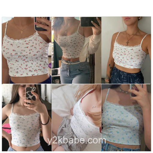 Cute Y2K Floral Printed Kintted Spaghetti Strap Crop Top 4