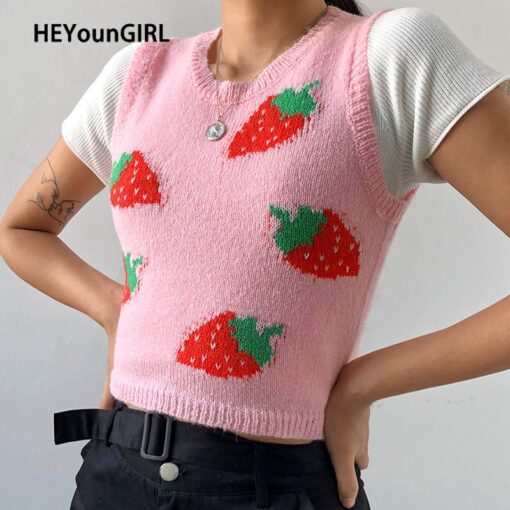 Pink Sweat Cute Strawberry Y2K Tank Knitted Crop Top  1