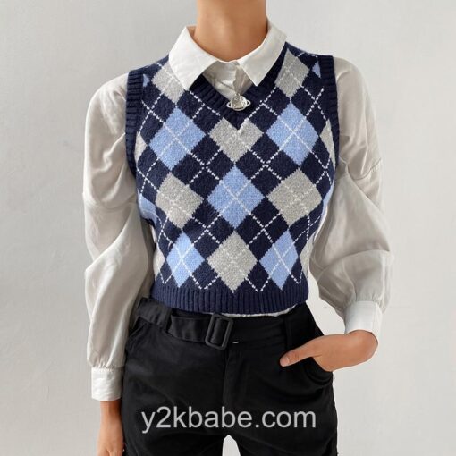 HEYounGIRL V Neck Vintage Argyle Sweater Vest Women Y2K Black Sleeveless Plaid Knitted Crop Sweaters Casual Autumn Preppy Style 11