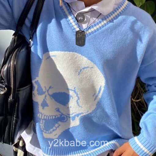 Cute Y2K Skull Print V Neck Knitted Harajuku Sweater 15