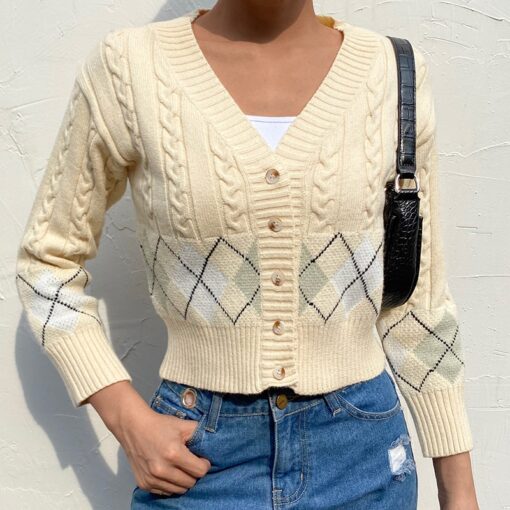 Y2K Argyle Crop Knitted Sweater Cardigan 7