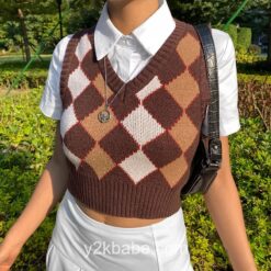 Brown Argyle Vintage Y2K Preppy Style Crop Knit Sweater 8