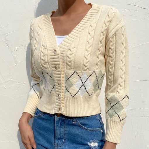 Y2K Argyle Crop Knitted Sweater Cardigan 9