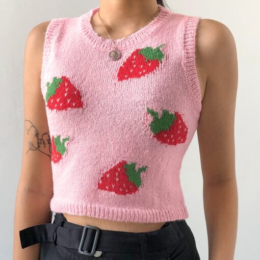 Pink Sweat Cute Strawberry Y2K Tank Knitted Crop Top  3
