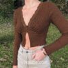 Vintage Long Sleeve Frill Lace Split Style Crop Top 1