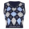HEYounGIRL V Neck Vintage Argyle Sweater Vest Women Y2K Black Sleeveless Plaid Knitted Crop Sweaters Casual Autumn Preppy Style 4