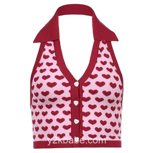Heart Print Y2K Halter Knitted Crop Top 5