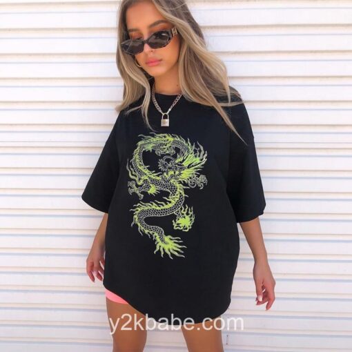 Chinese Style Dragon Printed Oversized Y2K Tshirt  4