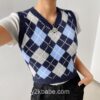 HEYounGIRL V Neck Vintage Argyle Sweater Vest Women Y2K Black Sleeveless Plaid Knitted Crop Sweaters Casual Autumn Preppy Style 10