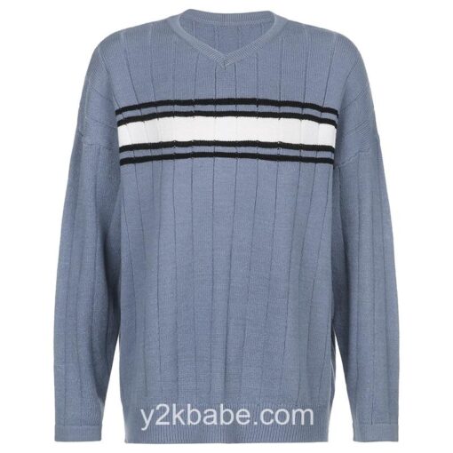 Y2K Preppy Style Striped V Neck Oversized Knitted Sweater 4