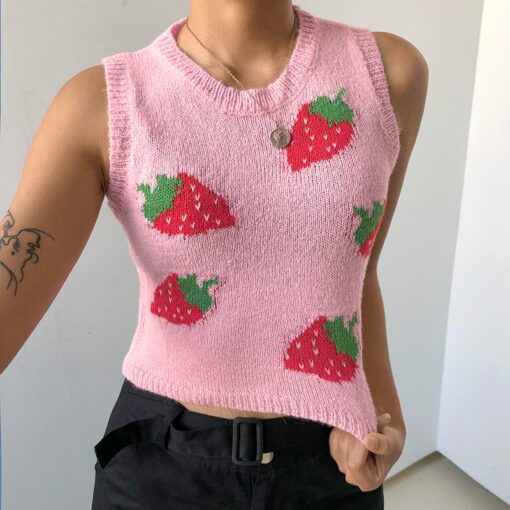 Pink Sweat Cute Strawberry Y2K Tank Knitted Crop Top  11