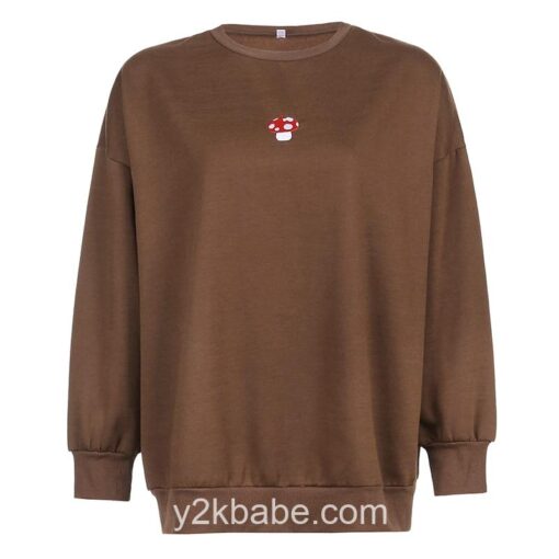 Brown Casual Mushroom Crewneck Y2K Sweatshirt  5