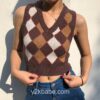Brown Argyle Vintage Y2K Preppy Style Crop Knit Sweater 1