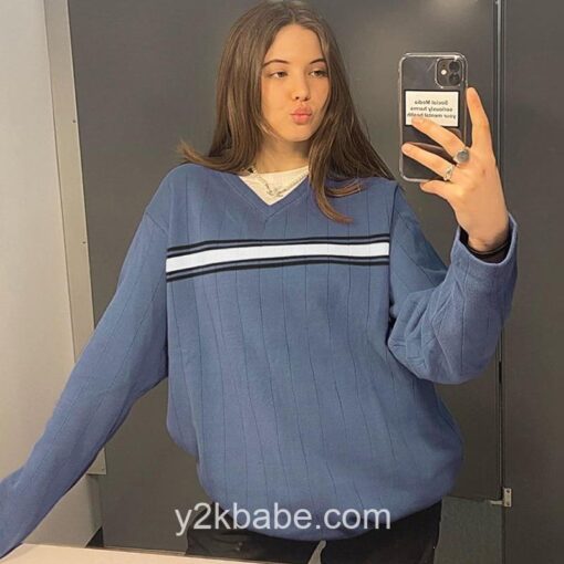 Y2K Preppy Style Striped V Neck Oversized Knitted Sweater 1