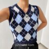HEYounGIRL V Neck Vintage Argyle Sweater Vest Women Y2K Black Sleeveless Plaid Knitted Crop Sweaters Casual Autumn Preppy Style 9
