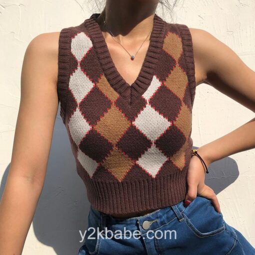 Brown Argyle Vintage Y2K Preppy Style Crop Knit Sweater 2