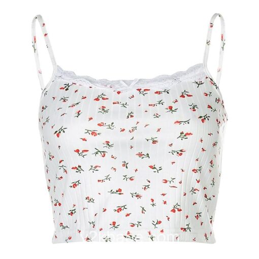 Cute Y2K Floral Printed Kintted Spaghetti Strap Crop Top 5