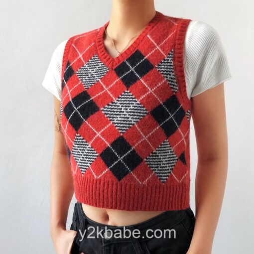 HEYounGIRL V Neck Vintage Argyle Sweater Vest Women Y2K Black Sleeveless Plaid Knitted Crop Sweaters Casual Autumn Preppy Style 3