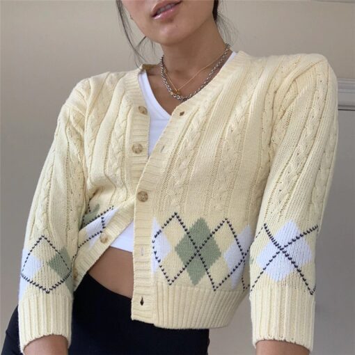 Y2K Argyle Crop Knitted Sweater Cardigan 1
