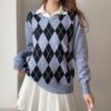 Casual Plaid Argyle Style Vintage Knit Y2K Sweater 7