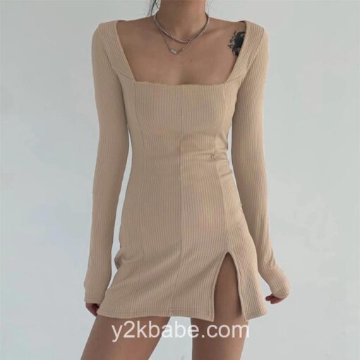 Y2k Square Collar Split Side Solid Mini Dress 3