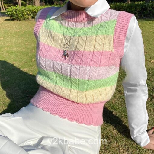 Y2K Knitted Rainbow Striped Sleeveless Pink Sweater  1