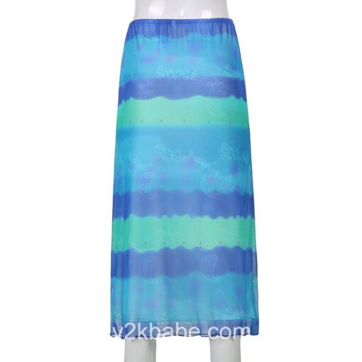 Y2K Mesh Floral Print Striped Midi Skirt