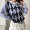 Y2k Argyle Preppy Style Casual Knitted Loose Sweater  3