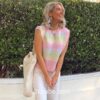 Y2K Knitted Rainbow Striped Sleeveless Pink Sweater  5
