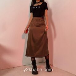 Y2k Elegant Vintage High Waist Satin Midi Skirt  2