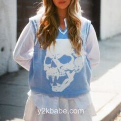 Y2k Skull Print Sleeveless Preppy Style Knitted Sweater (Many Colors) 16
