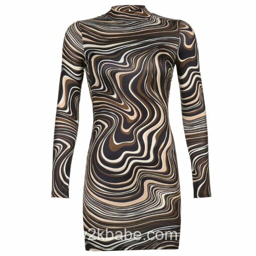 Y2k Wave Pattern Backlesss Long Sleeve Dress 5