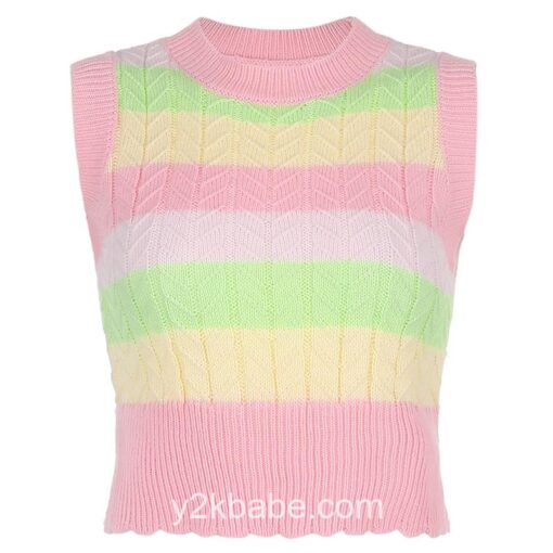 Y2K Knitted Rainbow Striped Sleeveless Pink Sweater  6