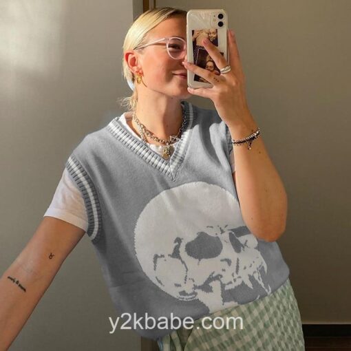 Y2k Skull Print Sleeveless Preppy Style Knitted Sweater (Many Colors) 10