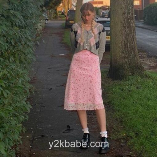 Y2K Floral Print High Waist Midi Skirt  3