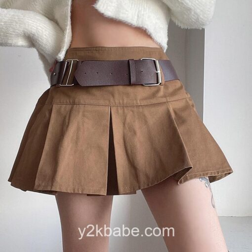 Y2k Brown Pleated with Belt Mini Skirt  1