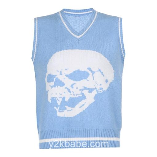 Y2k Skull Print Sleeveless Preppy Style Knitted Sweater (Many Colors) 4