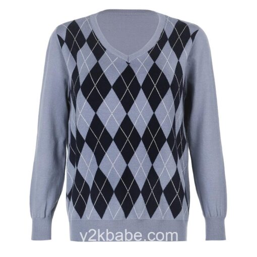 Y2k Argyle Preppy Style Casual Knitted Loose Sweater