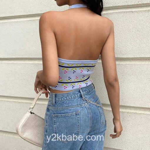Floral Print Sleeveless Halter Knitted Crop Top 4