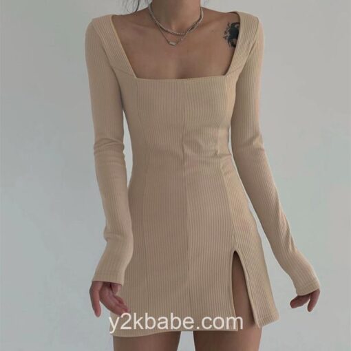 Y2k Square Collar Split Side Solid Mini Dress 2