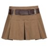 Y2k Brown Pleated with Belt Mini Skirt  4