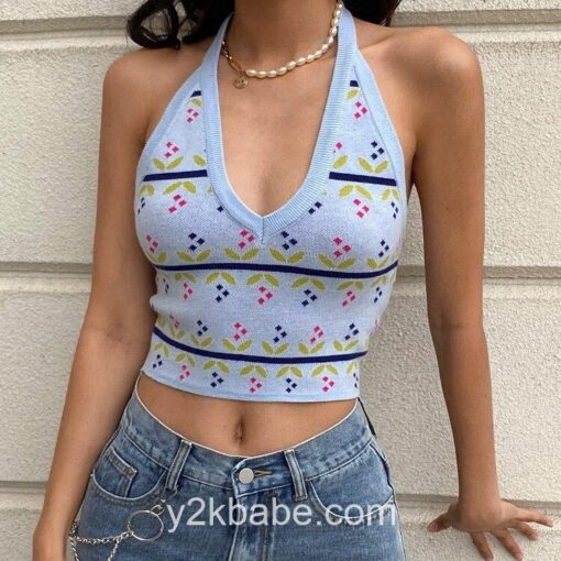 Floral Print Sleeveless Halter Knitted Crop Top 1