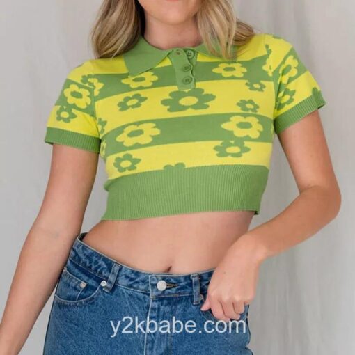 Y2k Floral Knitted Short Sleeve Crop Sweater 3