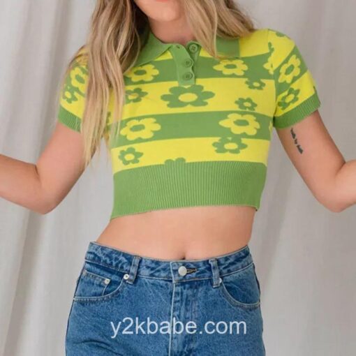 Y2k Floral Knitted Short Sleeve Crop Sweater 5